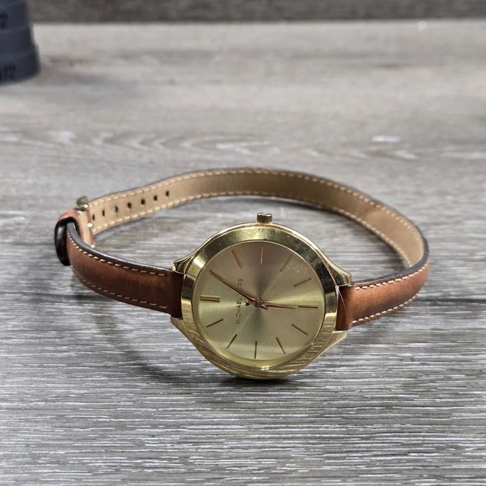 Michael Kors MK-2256 Gold Tone Brown Leather Strap Women Watch Wrap Tested